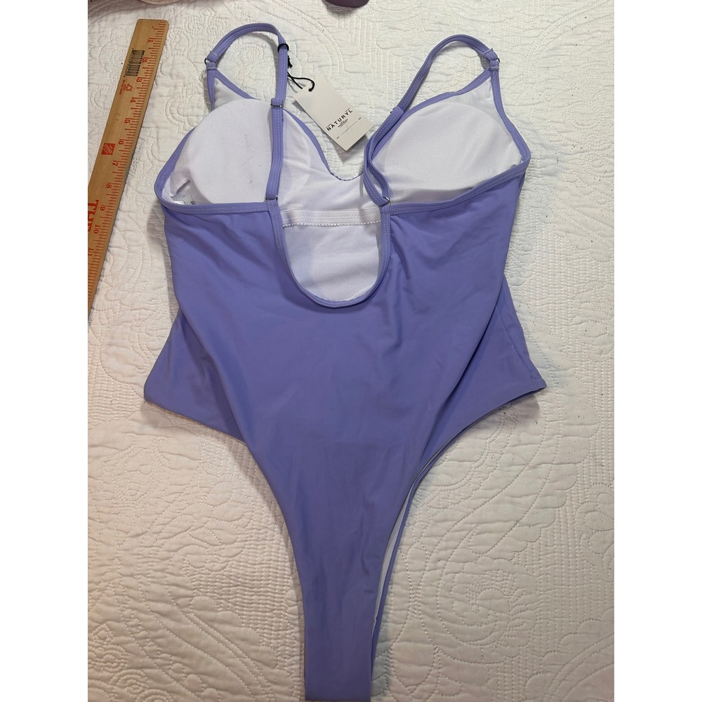 Naturyl One Piece Swimsuit Womens L Purple High Cut Thong V-Neck Bodysuit NWT